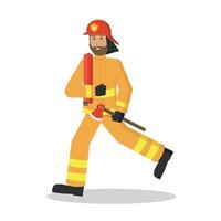 Firefighter running with a fire hose and an axe. vector