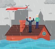 People are on the roof due to flooding in the city. A rescue helicopter has arrived in the city. vector