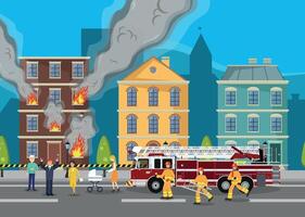 Firefighters arrived to extinguish a fire in a multi-story building. People. Rescue operation. vector