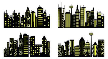 Set of Four Modern City Skyline Silhouettes with Yellow Illuminated Windows on Black Background vector