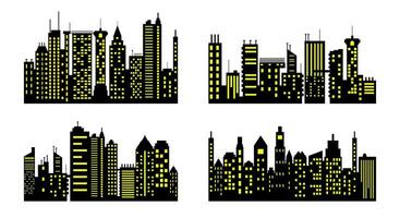 Set of Four Illuminated City Skyline Silhouettes with Yellow Lit Windows on Black and White Background vector