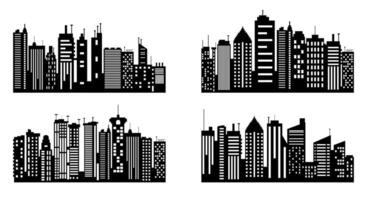 Collection of Four Black and White City Skyline Silhouettes with Modern High-Rise Buildings on White Background vector