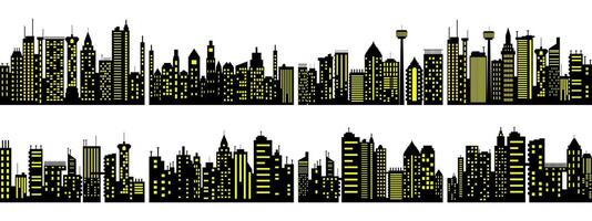 Set of Silhouetted City Skyline Rows with White and Yellow Windows vector