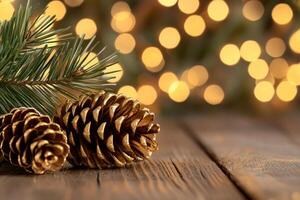 Golden pine cones and fir branches create festive atmosphere with warm bokeh lights photo