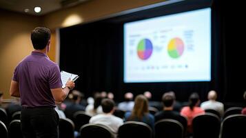 marketing strategist presenting graphs to engaged audience in conference setting photo
