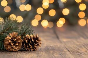 Golden pine cones and fir branches create festive atmosphere with warm bokeh lights photo