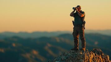 lone explorer standing on rugged mountain peak, capturing stunning view photo
