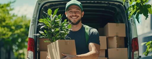 Smiling man holding plant in box while standing by van photo
