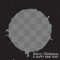 Christmas circular frame with distressed, grunge texture. Black frame with rough, textured edges. Transparent center for custom content. High-contrast design with festive appeal. For social media post vector