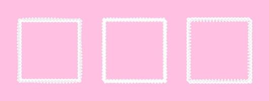 Three white frames on pink background. Simple, textured border. Delicate, lacy border. Feminine and visually appealing backdrop. Unique decorative borders add variety. Soft and elegant aesthetic. vector