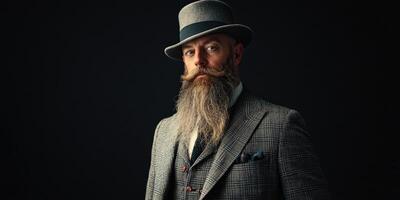 Retro style. A distinguished gentleman with a long beard, attired in a stylish three-piece suit and a top hat, stands against a black background. Copy space. Men's fashion. photo
