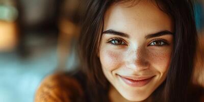 Close-up portrait of a smiling young woman gazing at the camera. photo