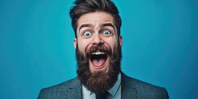Humorous bearded man making a silly face. Male model in a suit being playful. Portrait, emotion theme. photo