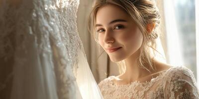 A lovely bride is next to a wedding dress, gazing at it and smiling. photo