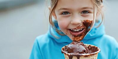A girl aged 10-12, dressed in blue, is eating chocolate ice cream from a waffle cup outdoors. The child has chocolate smeared on her face. photo