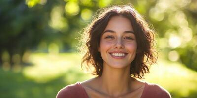 Portrait of a joyful and liberated woman set against a blurred green backdrop of a park or forest. The background includes copy space for text or lettering. photo