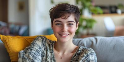 A young woman with a short haircut enjoys herself on the couch at home, smiling and radiating happiness during her vacation. She poses naturally without filters, leaving ample copy space. photo