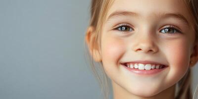 Happy girl. Close-up portrait of a cheerful child smiling, isolated against a grey background. photo