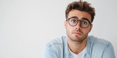 Brooding attractive man in glasses gazing at the camera, set against a white background. photo