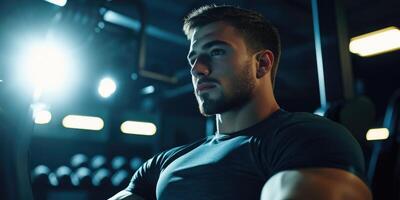 Portrait of an attractive young man exercising with machines in a contemporary gym illuminated by bright electric light, copy space. photo