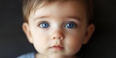 Close-up of a Caucasian baby boy with brown hair and blue eyes. photo