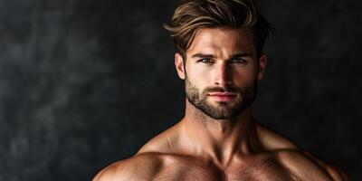 Attractive man with bare shoulders, styled hair, grooming, and health-focused. photo
