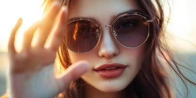 Horizontal shot with selective focus on the hand of a young woman wearing sunglasses. photo
