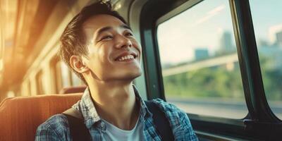 Travel concept. A happy Asian man is sitting by the window while traveling on a train. photo