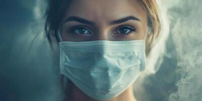 Woman wearing a mask. Concept of virus and smog. Coronavirus outbreak. Epidemic respiratory virus. Medical doctor or nurse. photo