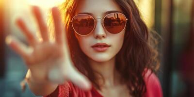 Horizontal shot with selective focus on the hand of a young woman wearing sunglasses. photo