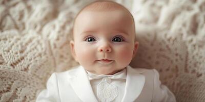 Close-up portrait of an adorable newborn baby dressed in a white suit. photo