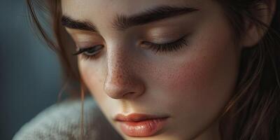 Bipolar disorder affects the emotions of individuals. A close-up image shows a young, beautiful woman experiencing sadness related to multiple personality disorders. photo