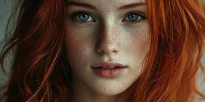 Close-up portrait of a young, beautiful girl with red hair. photo