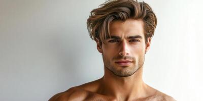 Attractive man with bare shoulders, styled hair, grooming, and health-focused. photo