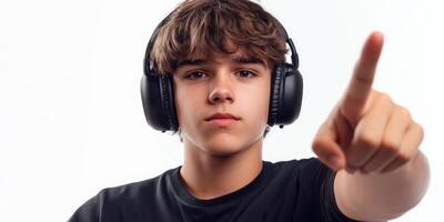 Teenager wearing headphones and holding an mp3 player points with their finger. Isolated on a white background. photo