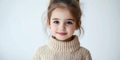 Close-up portrait of a fashionable modern little girl, a child in a winter sweater posing against a white background, smiling adorably while standing in front of the white backdrop. photo