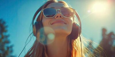 Attractive woman enjoying music outdoors on a sunny day lifestyle. photo