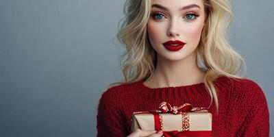 blonde wearing a red Christmas sweater and makeup, holding a gift for the new year against a gray background. copyspace for text photo