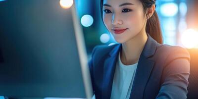 Japanese businesswoman at work using a computer. She is dressed in a suit and is smiling. Close-up of her upper body. photo
