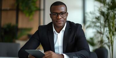 Portrait of a self-assured African businessman in glasses and a black suit, seated at an office table with a digital tablet, gazing at the camera. photo