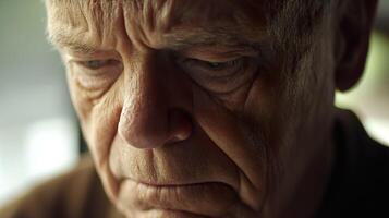 A close-up portrait of a senior man with a tear in his eye, capturing the emotional weight of fading memories due to Alzheimer's. photo
