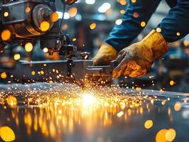A man is wearing gloves and working with a machine that is producing sparks photo