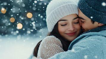 couple embraces warmly in snowy winter wonderland, surrounded by softly falling snowflakes and glowing lights, creating romantic and cozy atmosphere photo