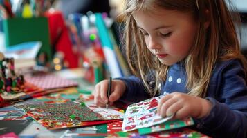 Young girl joyfully creates colorful holiday cards at festive table filled with art supplies photo