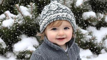 joyful child in cozy knit hat and sweater enjoys snowy winter day, surrounded by snow covered pine trees photo