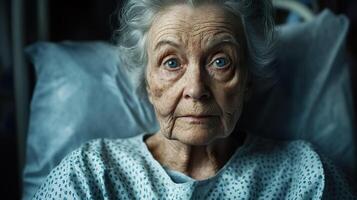 Close-up portrait of an elderly woman in a hospital gown, her expression conveying slight confusion and vulnerability. photo