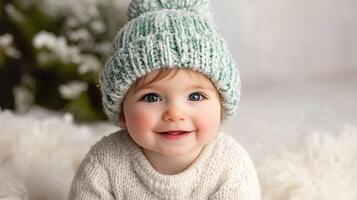 A smiling baby wearing a knitted hat and sweater sits on a fluffy surface, surrounded by a soft, cozy atmosphere. photo