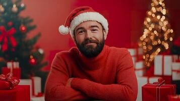 man in Santa hat and red sweater smiles warmly, surrounded by Christmas decorations and gifts photo