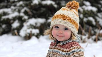 young child with warm smile stands in snowy landscape, wearing cozy knit hat and sweater. background features snow covered trees, creating serene winter scene photo