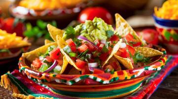Mexican traditional nachos with avocado jalapeno guacamole and tomato salsa photo